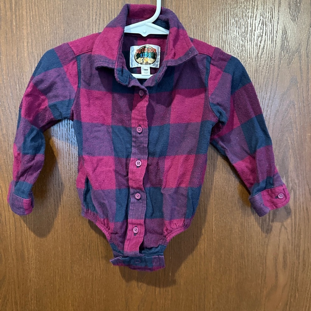 Outdoor Kids Plaid Long Sleeve Bodysuit Shirt 18M Magenta Navy Blue‎